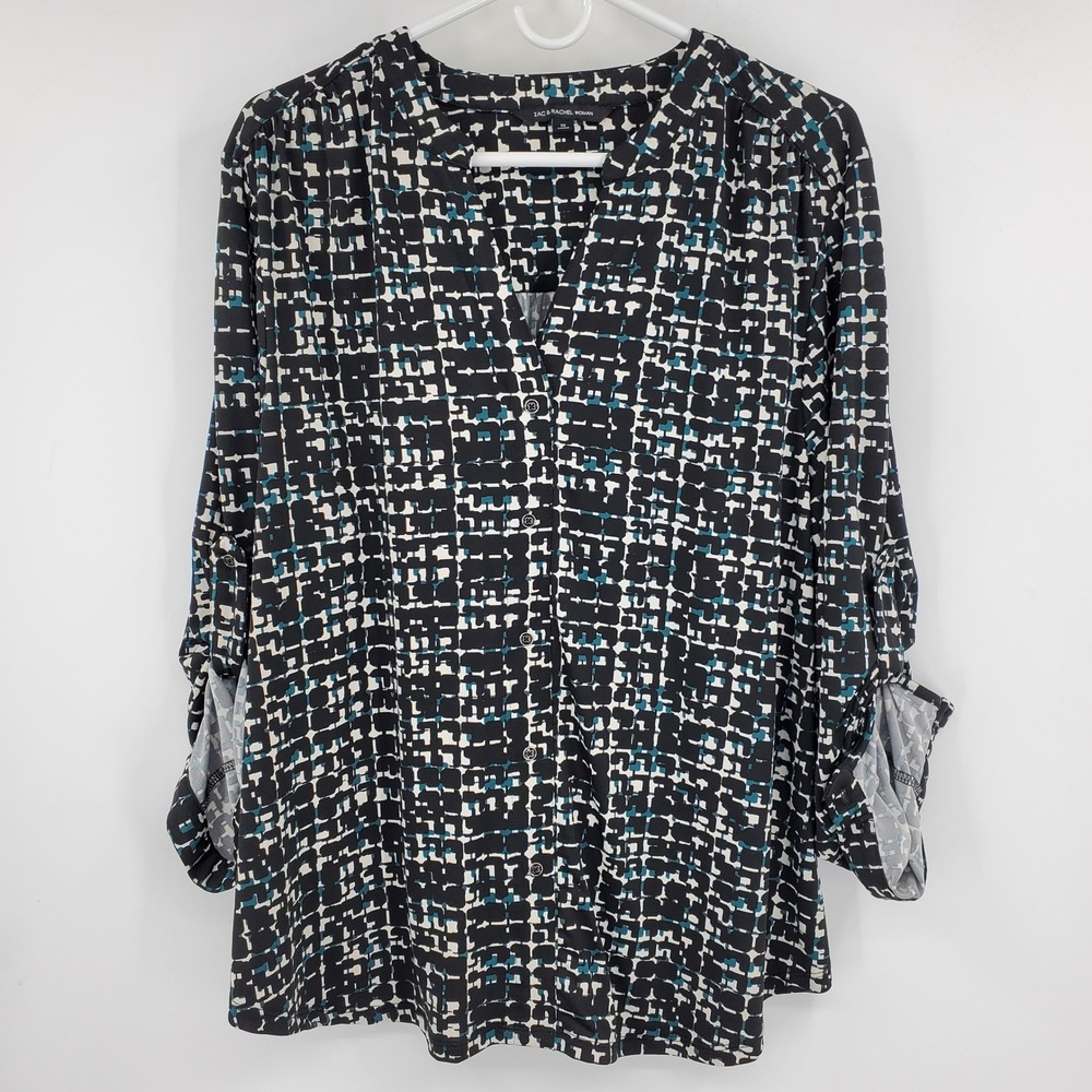 Zac & Rachel Woman Plus 1X Blouse Black Teal Geometric Roll Tab Button Front Top